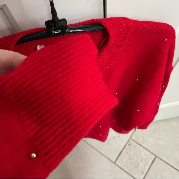 NWT DEX Cherry Red Super Soft Silver Ball Embellished Pullover Crew Neck Sweater - Picture 6 of 10